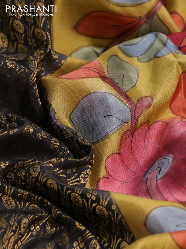 Pure kanchipuram silk saree elephant grey and mustard shade with allover zari woven brocade weaves and kalamkari printed pallu & border