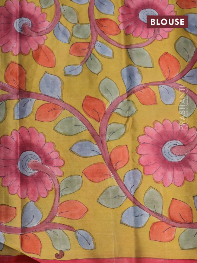 Pure kanchipuram silk saree elephant grey and mustard shade with allover zari woven brocade weaves and kalamkari printed pallu & border