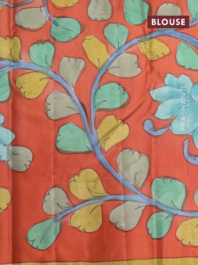 Pure kanchipuram silk saree blue shade and rustic orange with allover zari woven brocade weaves and kalamkari printed pallu & border