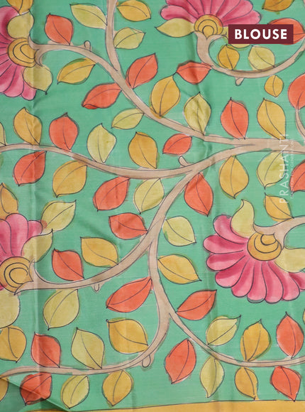 Pure kanchipuram silk saree rustic orange and teal blue shade with allover zari woven brocade weaves and kalamkari printed pallu & border