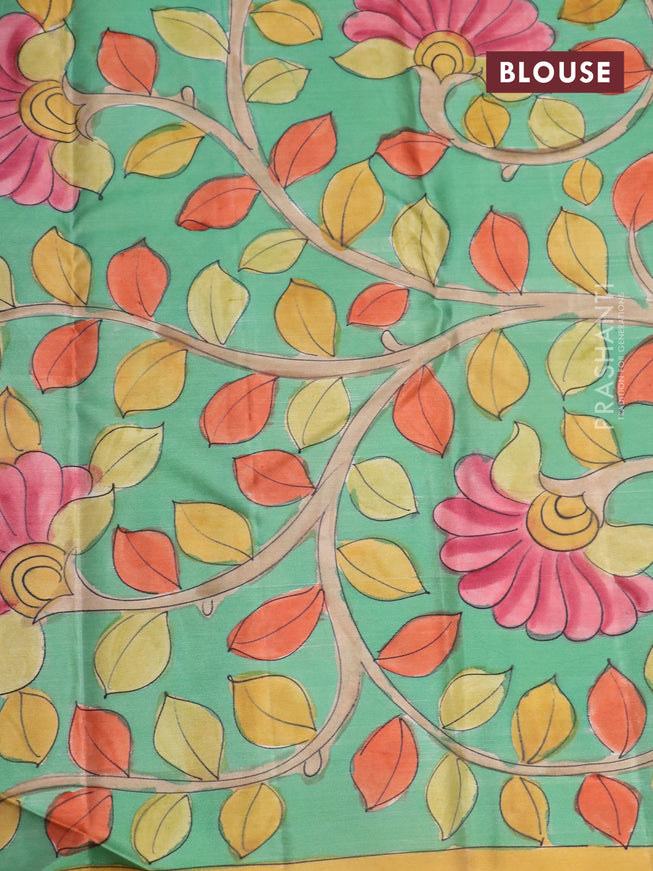 Pure kanchipuram silk saree rustic orange and teal blue shade with allover zari woven brocade weaves and kalamkari printed pallu & border