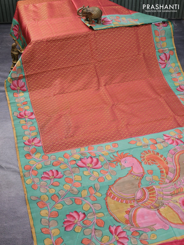 Pure kanchipuram silk saree maroon shade and pastel green shade with allover zari woven brocade weaves and kalamkari printed pallu & border
