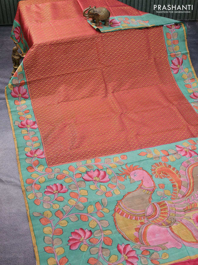 Pure kanchipuram silk saree maroon shade and pastel green shade with allover zari woven brocade weaves and kalamkari printed pallu & border