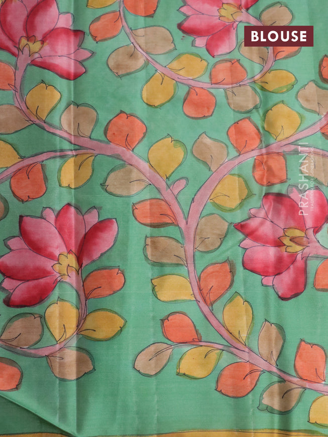 Pure kanchipuram silk saree maroon shade and pastel green shade with allover zari woven brocade weaves and kalamkari printed pallu & border