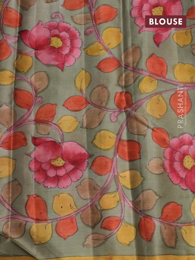 Pure kanchipuram silk saree rustic orange and grey shade with allover zari woven paisley brocade weaves and kalamkari printed pallu & border