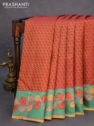 Pure kanchipuram silk saree maroon and teal green with allover zari woven paisley brocade weaves and kalamkari printed pallu & border