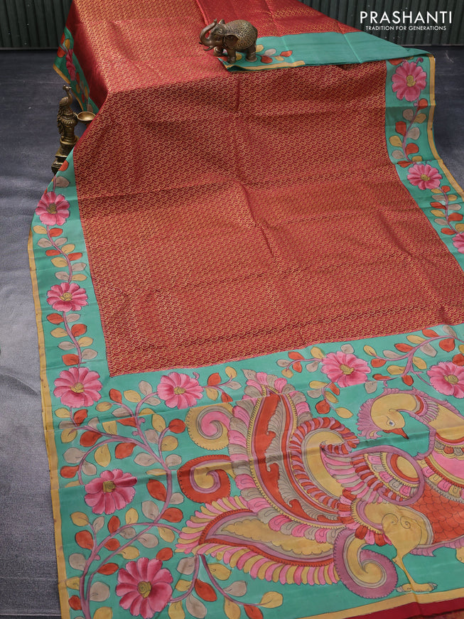 Pure kanchipuram silk saree maroon and teal green with allover zari woven paisley brocade weaves and kalamkari printed pallu & border