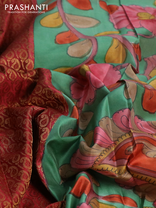 Pure kanchipuram silk saree maroon and teal green with allover zari woven paisley brocade weaves and kalamkari printed pallu & border