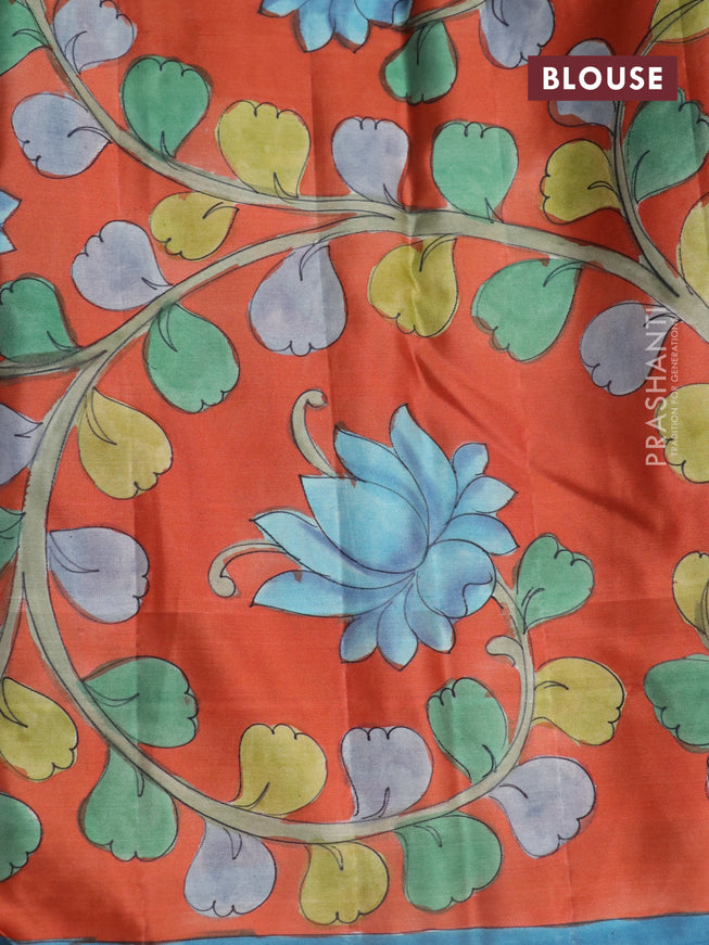 Pure kanchipuram silk saree blue shade and rustic orange with allover zari woven paisley brocade weaves and kalamkari printed pallu & border