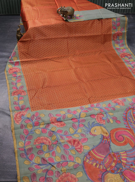 Pure kanchipuram silk saree rustic orange and grey shade with allover zari woven paisley brocade weaves and kalamkari printed pallu & border