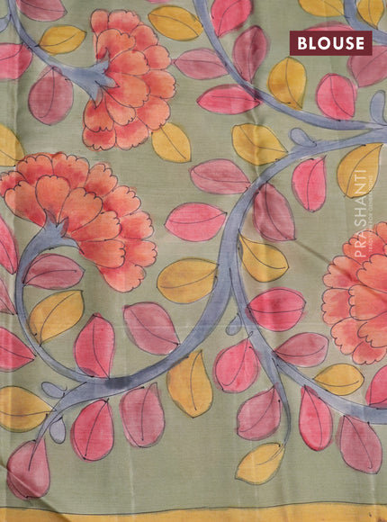 Pure kanchipuram silk saree rustic orange and grey shade with allover zari woven paisley brocade weaves and kalamkari printed pallu & border