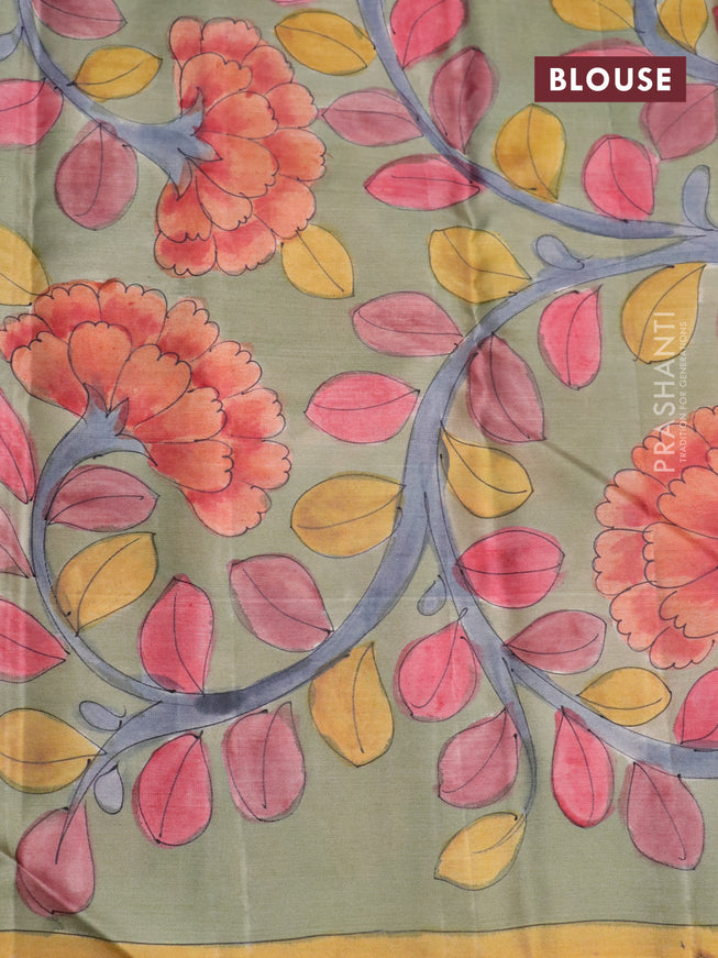 Pure kanchipuram silk saree rustic orange and grey shade with allover zari woven paisley brocade weaves and kalamkari printed pallu & border