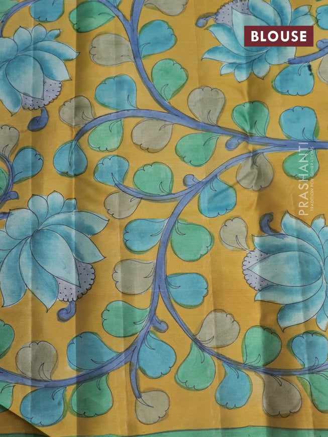 Pure kanchipuram silk saree blue shade and mustard yellow with allover zari woven paisley brocade weaves and kalamkari printed pallu & border