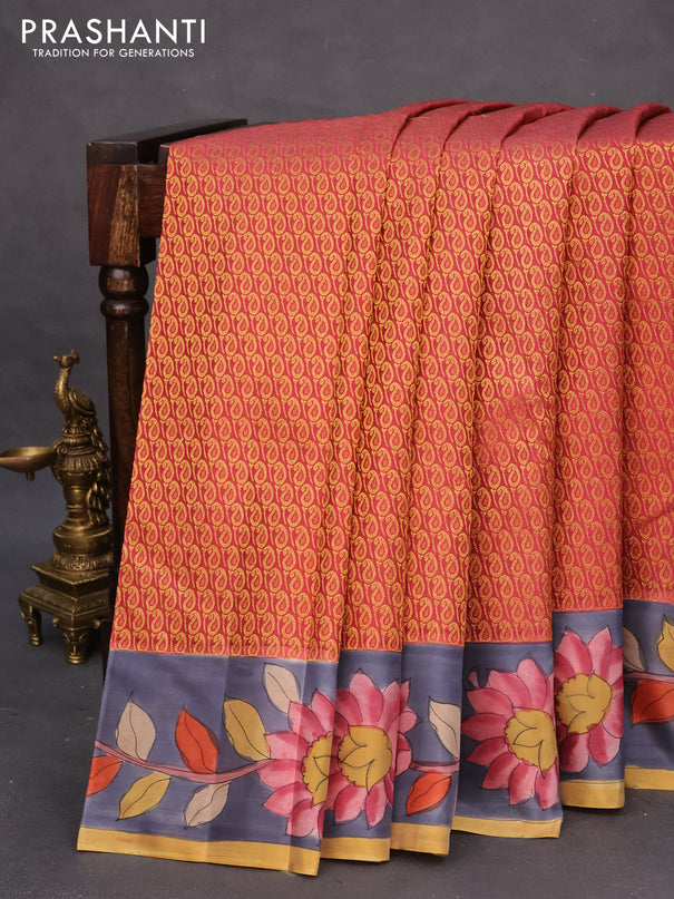 Pure kanchipuram silk saree dark peach shade and grey with allover zari woven paisley brocade weaves and kalamkari printed pallu & border