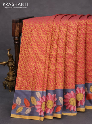 Pure kanchipuram silk saree dark peach shade and grey with allover zari woven paisley brocade weaves and kalamkari printed pallu & border
