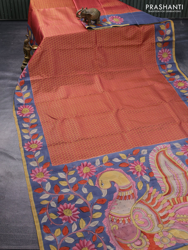 Pure kanchipuram silk saree dark peach shade and grey with allover zari woven paisley brocade weaves and kalamkari printed pallu & border