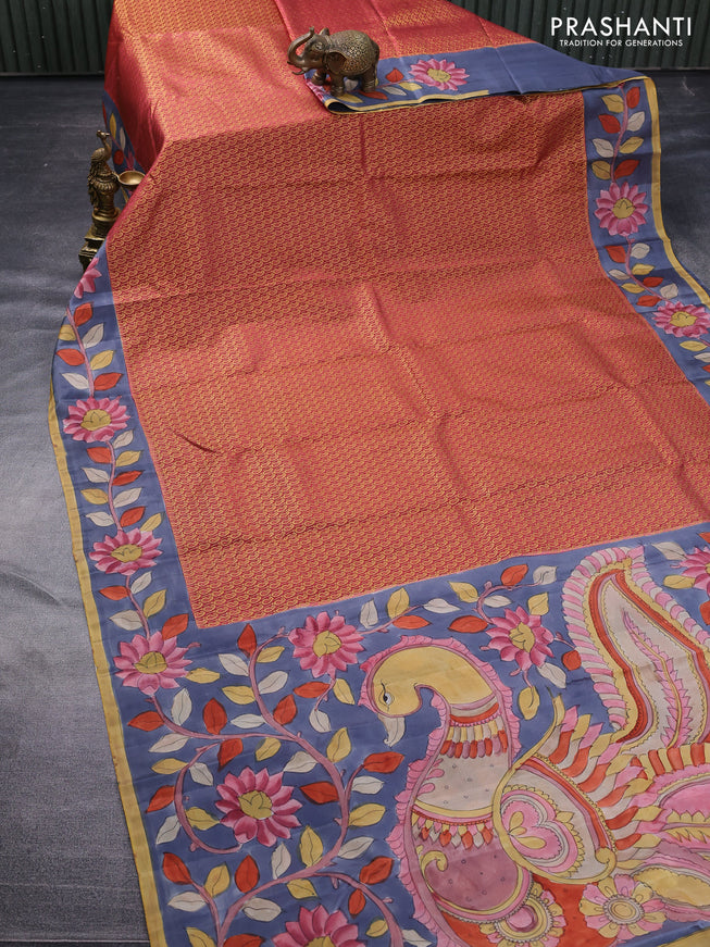 Pure kanchipuram silk saree dark peach shade and grey with allover zari woven paisley brocade weaves and kalamkari printed pallu & border