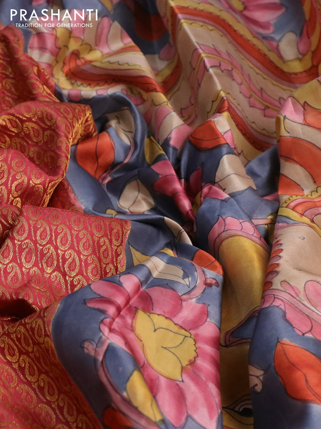 Pure kanchipuram silk saree dark peach shade and grey with allover zari woven paisley brocade weaves and kalamkari printed pallu & border