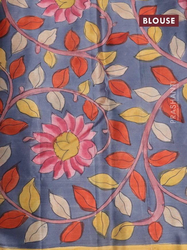 Pure kanchipuram silk saree dark peach shade and grey with allover zari woven paisley brocade weaves and kalamkari printed pallu & border