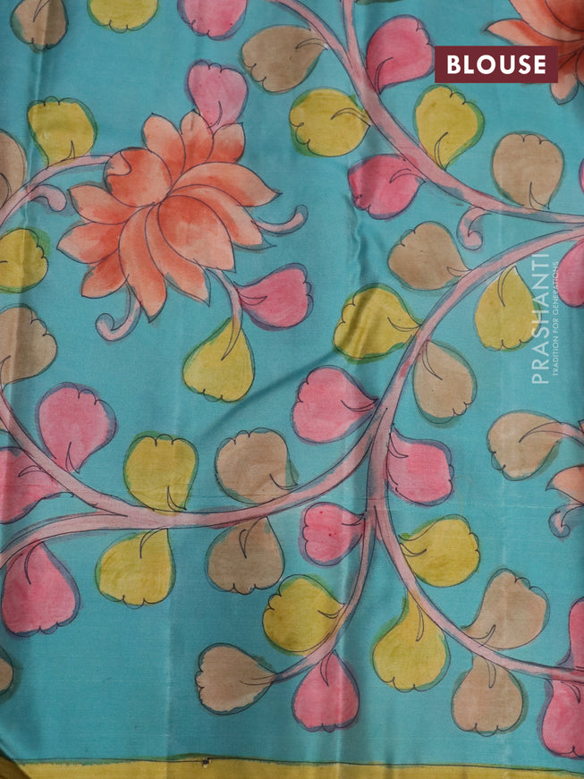 Pure kanchipuram silk saree rustic orange and teal blue with allover zari woven paisley brocade weaves and kalamkari printed pallu & border