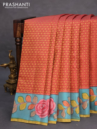 Pure kanchipuram silk saree maroon shade and teal blue with allover zari woven brocade weaves and kalamkari printed pallu & border