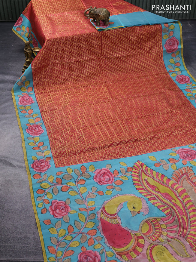 Pure kanchipuram silk saree maroon shade and teal blue with allover zari woven brocade weaves and kalamkari printed pallu & border