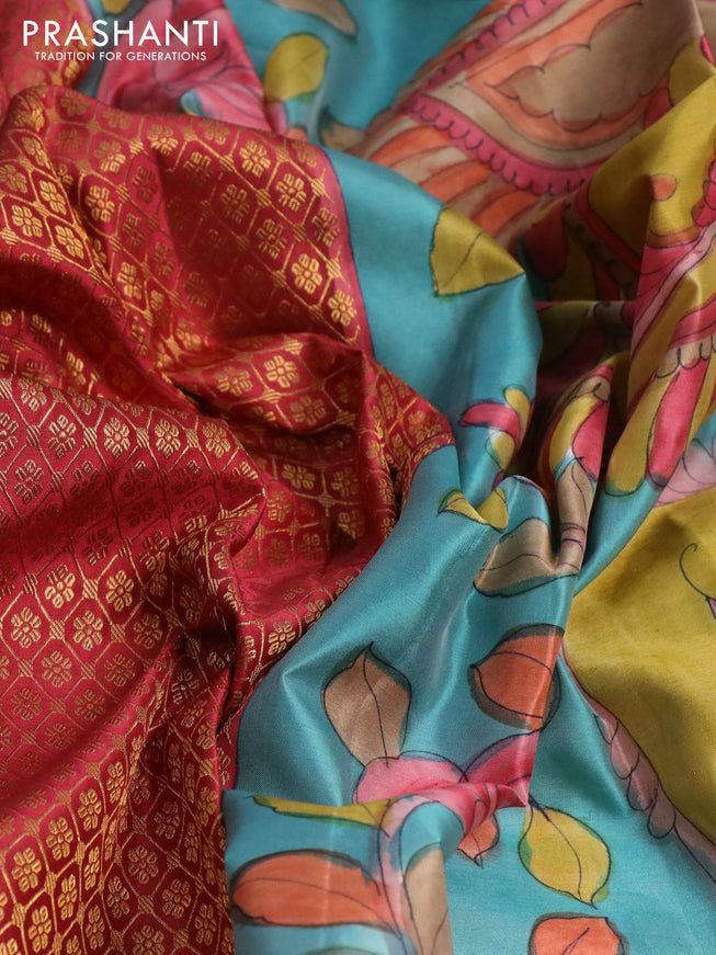 Pure kanchipuram silk saree maroon shade and teal blue with allover zari woven brocade weaves and kalamkari printed pallu & border