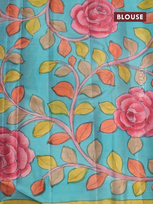 Pure kanchipuram silk saree maroon shade and teal blue with allover zari woven brocade weaves and kalamkari printed pallu & border