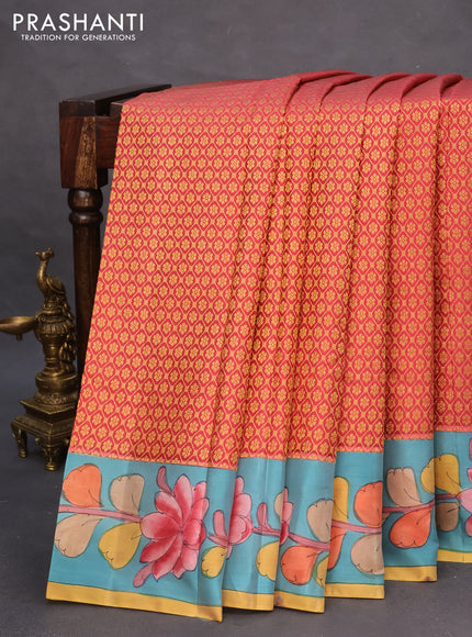 Pure kanchipuram silk saree maroon shade and blue with allover zari woven brocade weaves and kalamkari printed pallu & border