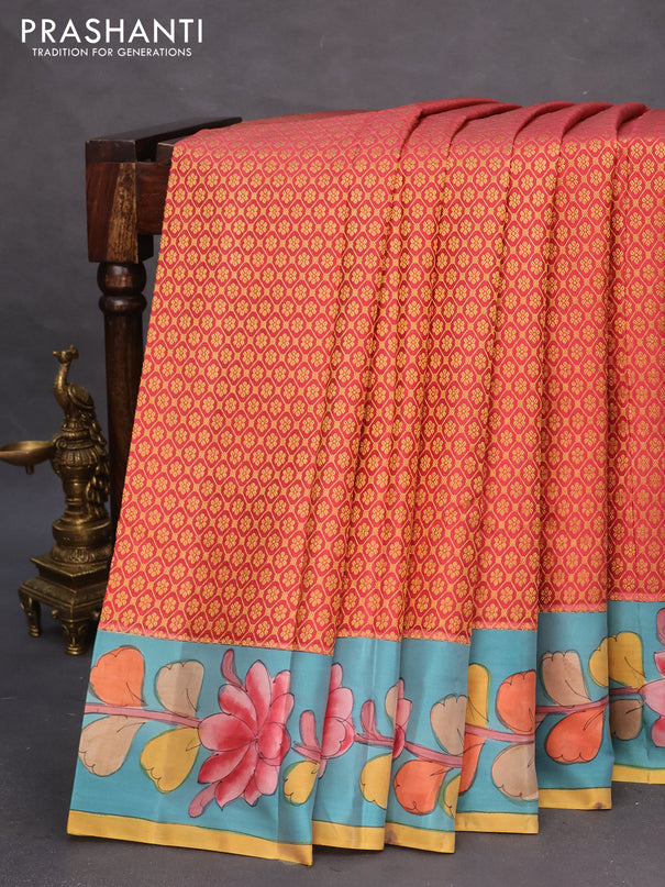 Pure kanchipuram silk saree maroon shade and blue with allover zari woven brocade weaves and kalamkari printed pallu & border