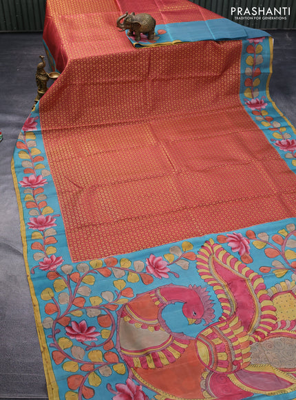 Pure kanchipuram silk saree maroon shade and blue with allover zari woven brocade weaves and kalamkari printed pallu & border