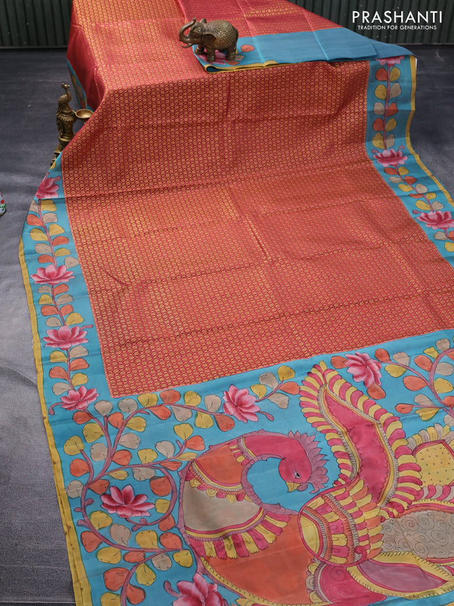 Pure kanchipuram silk saree maroon shade and blue with allover zari woven brocade weaves and kalamkari printed pallu & border