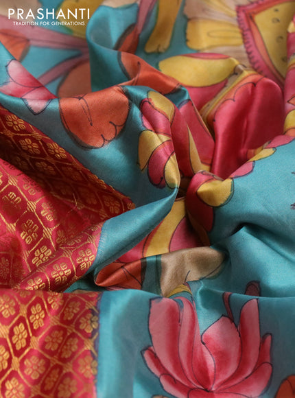 Pure kanchipuram silk saree maroon shade and blue with allover zari woven brocade weaves and kalamkari printed pallu & border