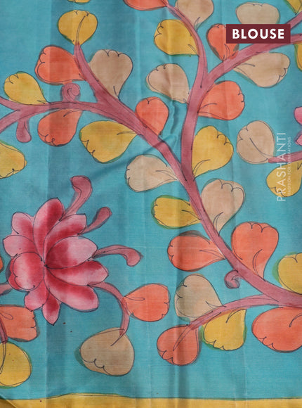 Pure kanchipuram silk saree maroon shade and blue with allover zari woven brocade weaves and kalamkari printed pallu & border