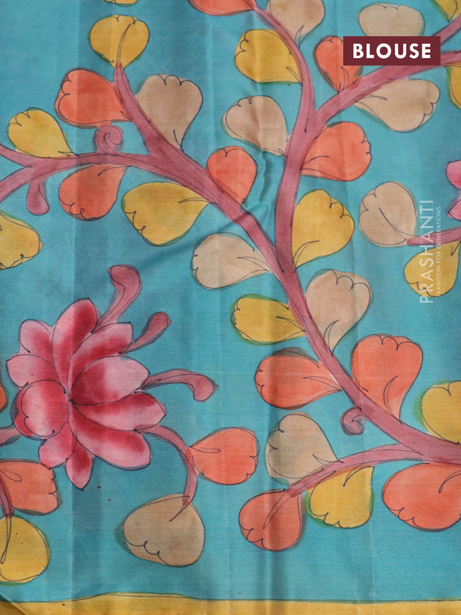 Pure kanchipuram silk saree maroon shade and blue with allover zari woven brocade weaves and kalamkari printed pallu & border