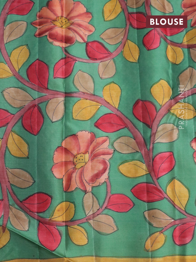 Pure kanchipuram silk saree rust shade and teal green with allover zari woven brocade weaves and kalamkari printed pallu & border