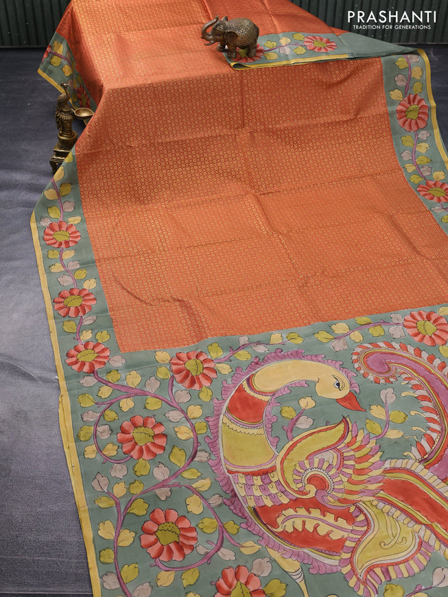 Pure kanchipuram silk saree rust shade and grey shade with allover zari woven brocade weaves and kalamkari printed pallu & border