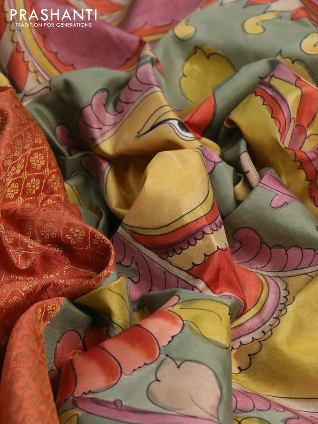 Pure kanchipuram silk saree rust shade and grey shade with allover zari woven brocade weaves and kalamkari printed pallu & border