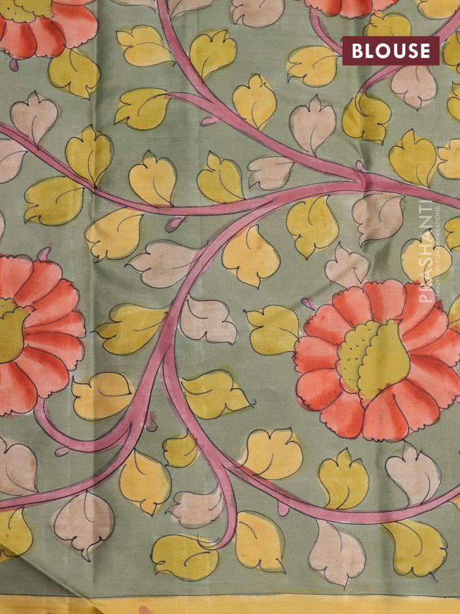 Pure kanchipuram silk saree rust shade and grey shade with allover zari woven brocade weaves and kalamkari printed pallu & border