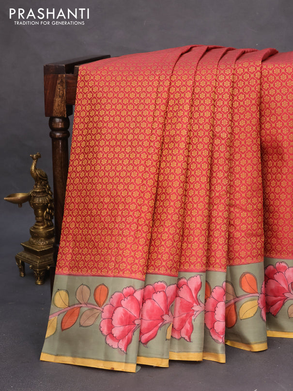Pure kanchipuram silk saree maroon and grey shade with allover zari woven brocade weaves and kalamkari printed pallu & border