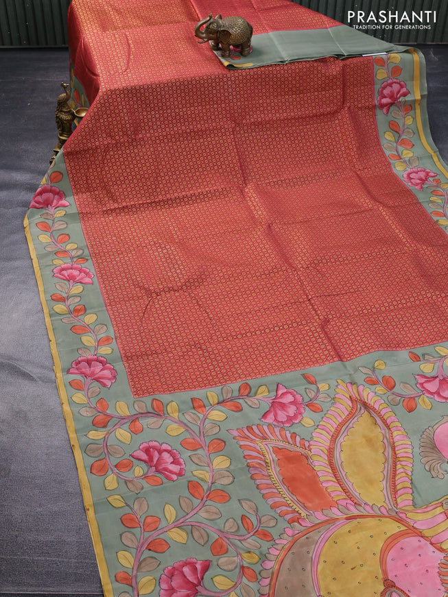 Pure kanchipuram silk saree maroon and grey shade with allover zari woven brocade weaves and kalamkari printed pallu & border