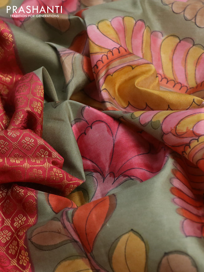 Pure kanchipuram silk saree maroon and grey shade with allover zari woven brocade weaves and kalamkari printed pallu & border