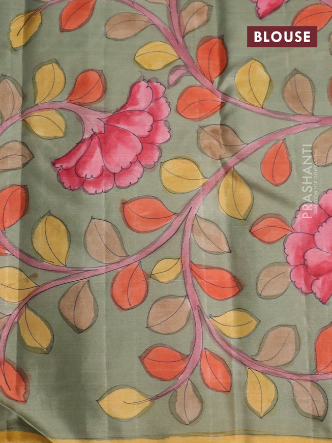 Pure kanchipuram silk saree maroon and grey shade with allover zari woven brocade weaves and kalamkari printed pallu & border