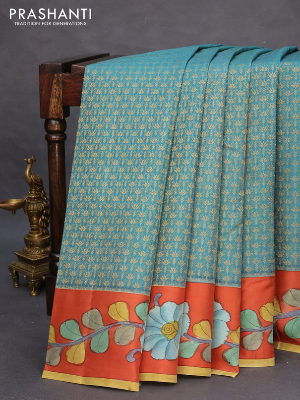 Pure kanchipuram silk saree teal blue shade and rustic orange with allover zari woven brocade weaves and kalamkari printed pallu & border