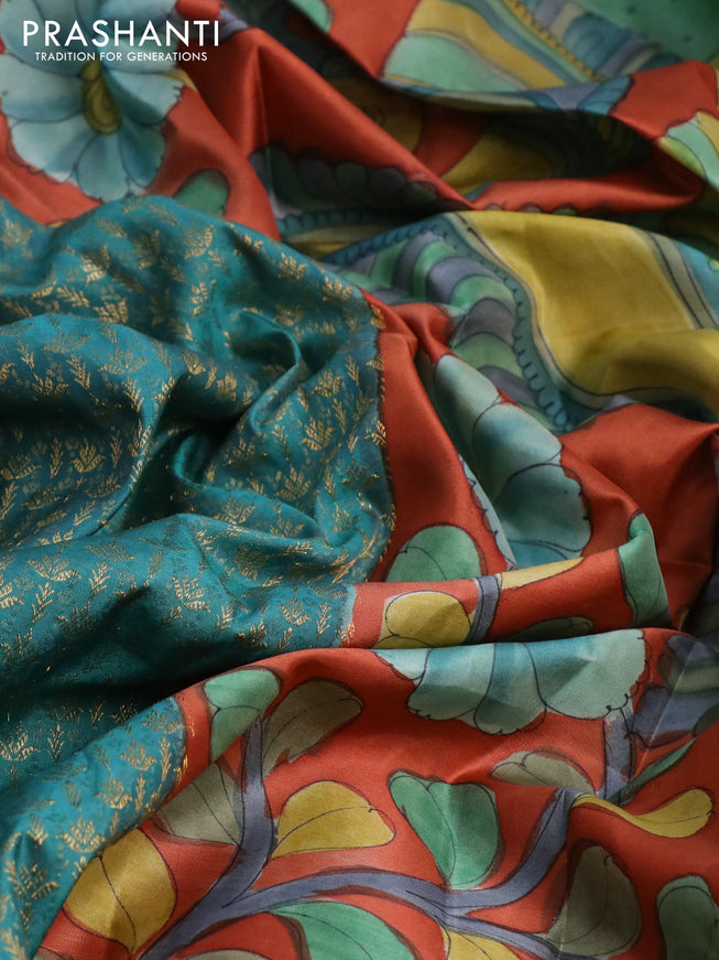 Pure kanchipuram silk saree teal blue shade and rustic orange with allover zari woven brocade weaves and kalamkari printed pallu & border