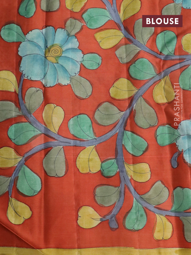 Pure kanchipuram silk saree teal blue shade and rustic orange with allover zari woven brocade weaves and kalamkari printed pallu & border