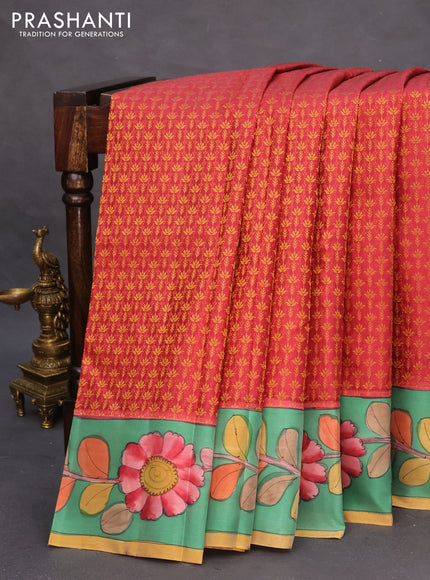 Pure kanchipuram silk saree maroon shade and teal green with allover zari woven brocade weaves and kalamkari printed pallu & border