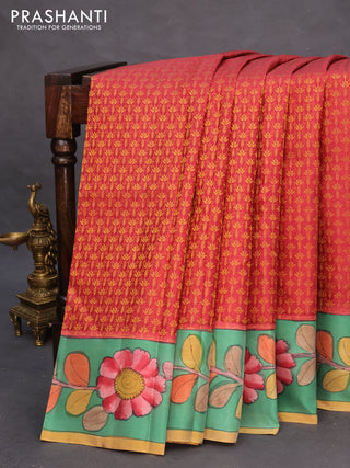 Pure kanchipuram silk saree maroon shade and teal green with allover zari woven brocade weaves and kalamkari printed pallu & border