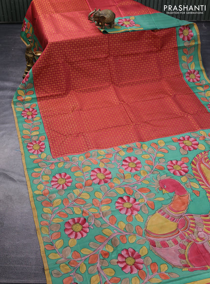 Pure kanchipuram silk saree maroon shade and teal green with allover zari woven brocade weaves and kalamkari printed pallu & border