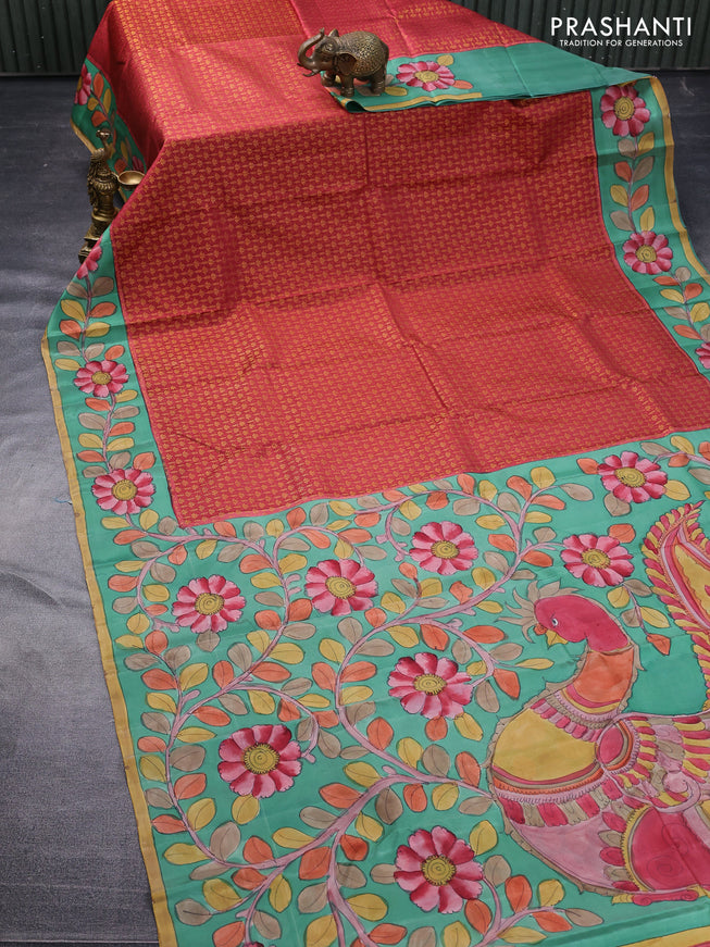 Pure kanchipuram silk saree maroon shade and teal green with allover zari woven brocade weaves and kalamkari printed pallu & border